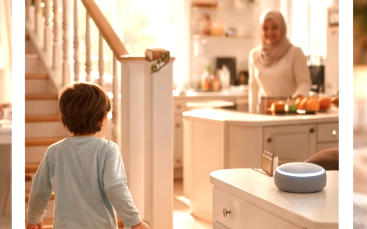 Familie i et varmt og lyst hjem mens Azaan spilles gennem huset